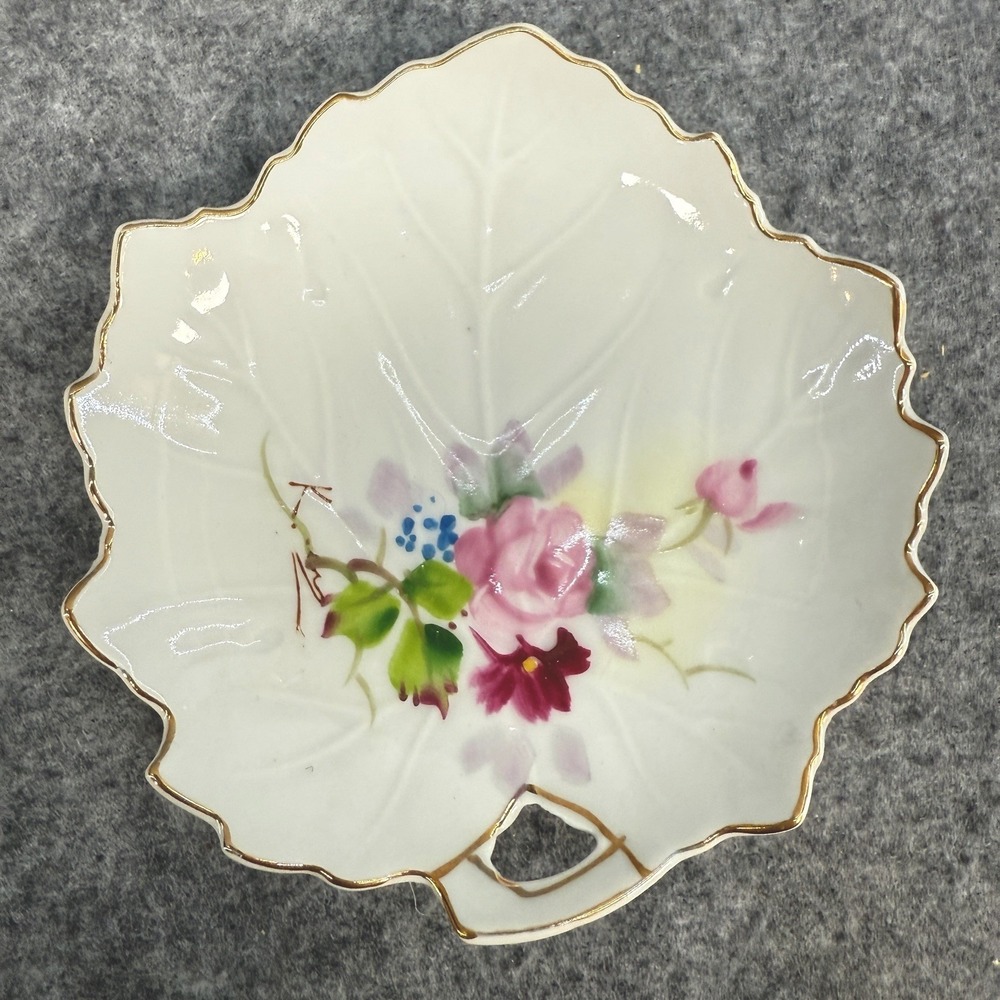 Vintage Leaf Shaped Floral Small Trinket Dish Tray Japan Hand painted Set Of 2